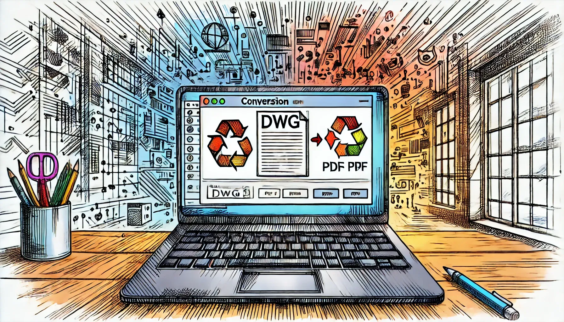 Laptop computer showing a DWG file being converted to a PDF