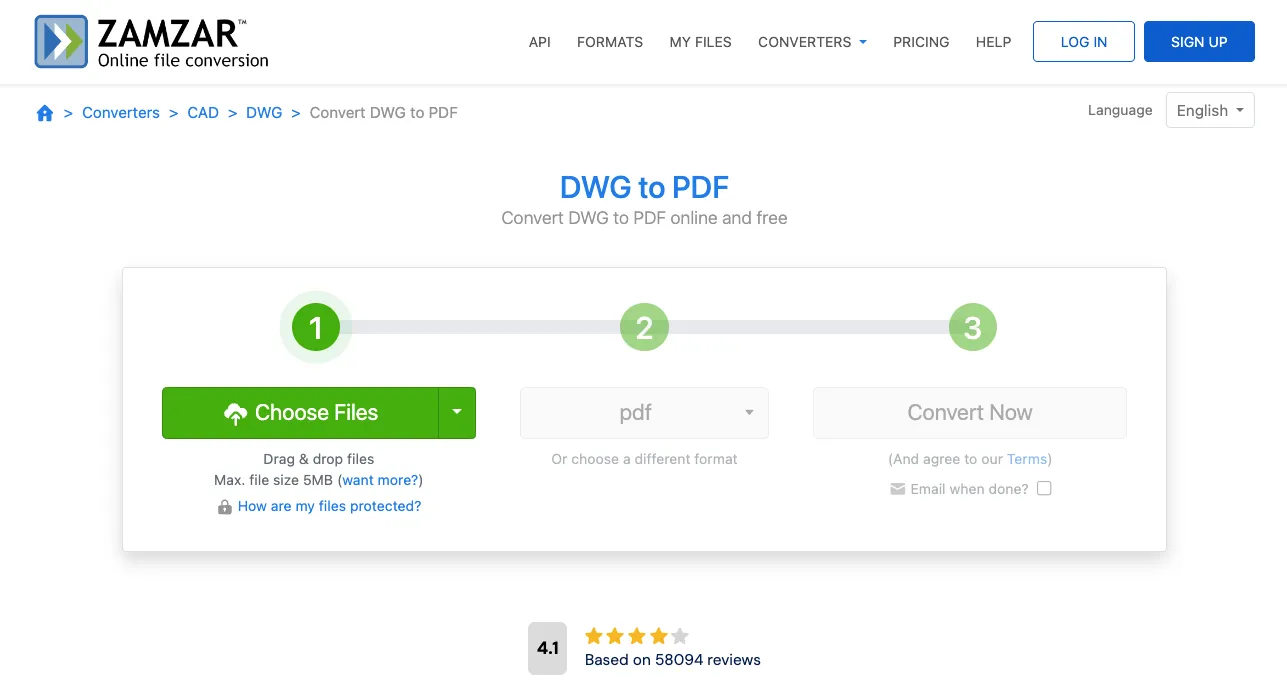 The Zamzar DWG to PDF conversion page where DWG files can be chosen for conversion