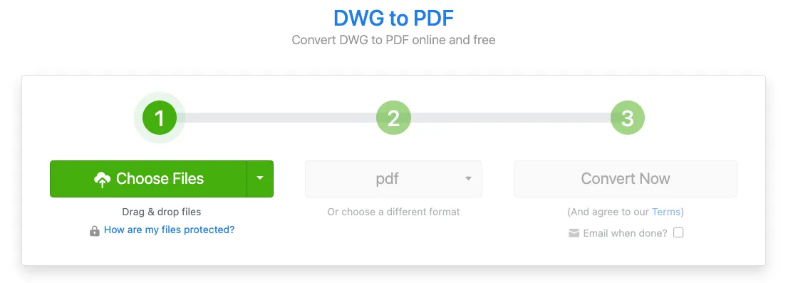 The Zamzar online conversion tool for converting DWG files to PDF