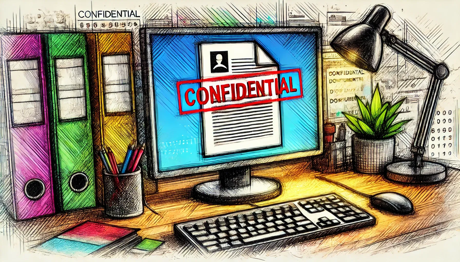 Computer screen on a desk showing a large confidential icon